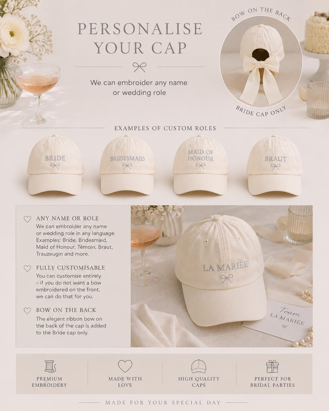 Custom Embroidered Bride Baseball Cap with Bow, Bridal Party Hat