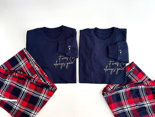Matching Couples Christmas Pajamas: Tartan Flannel, Personalized Initials