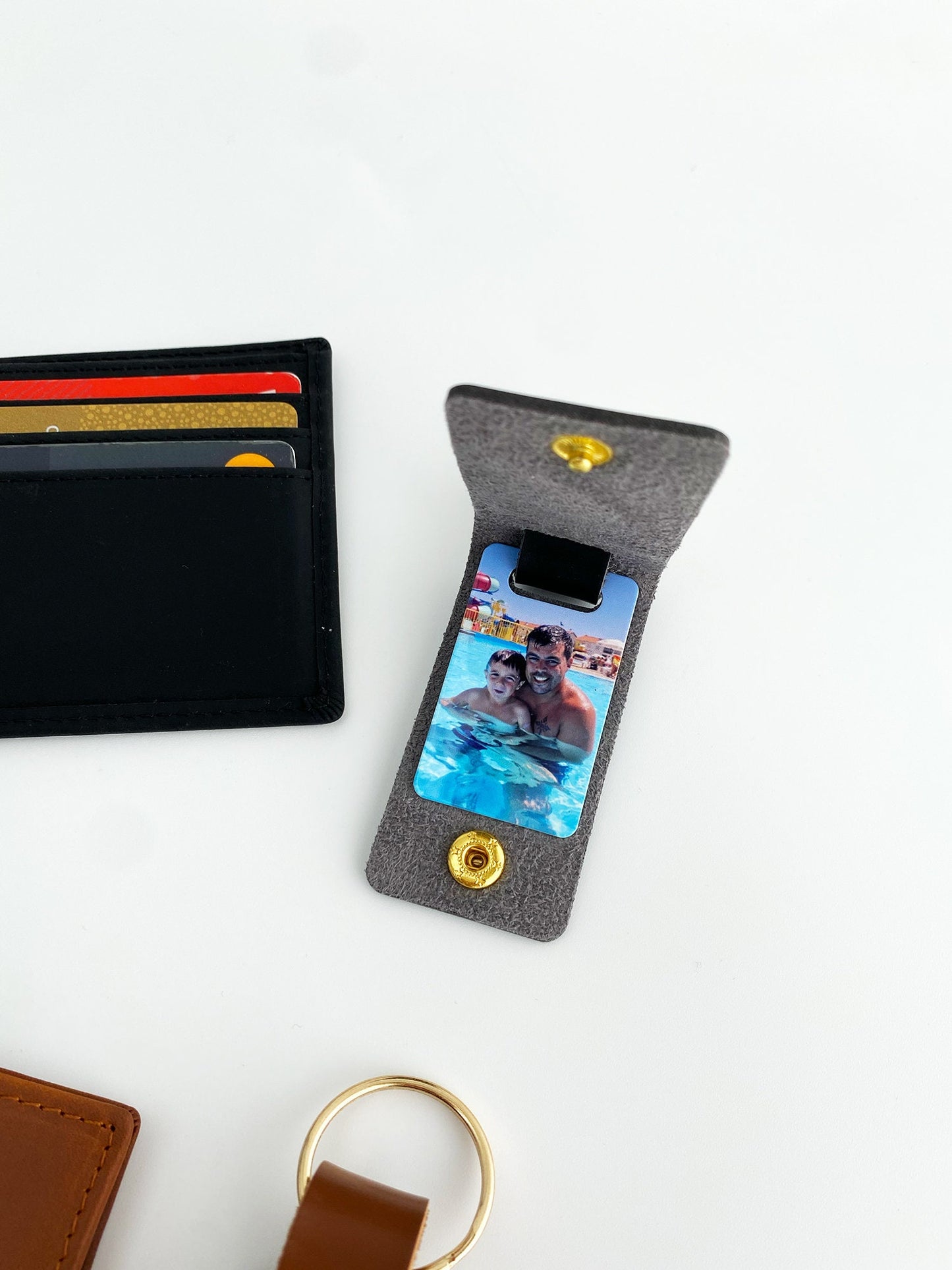 Engraved Faux Leather Wallet Set: Personalized Photo Card & Keyring