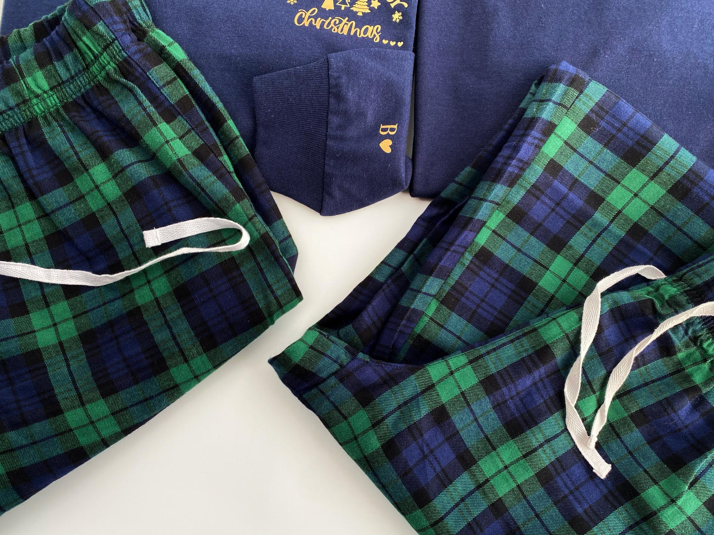 Matching long sleeve Christmas Couples Pyjamas: Tartan, Personalized Initials on sleeve