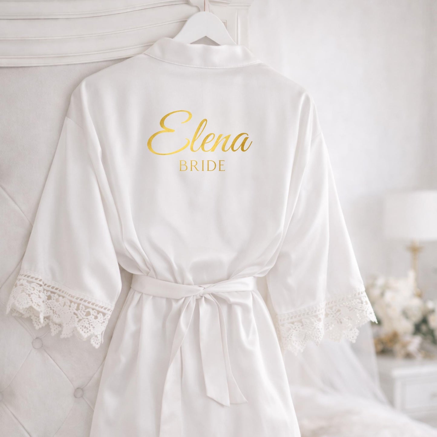 Personalized Satin Bridal Robe with Lace Sleeves, Wedding Party Gift