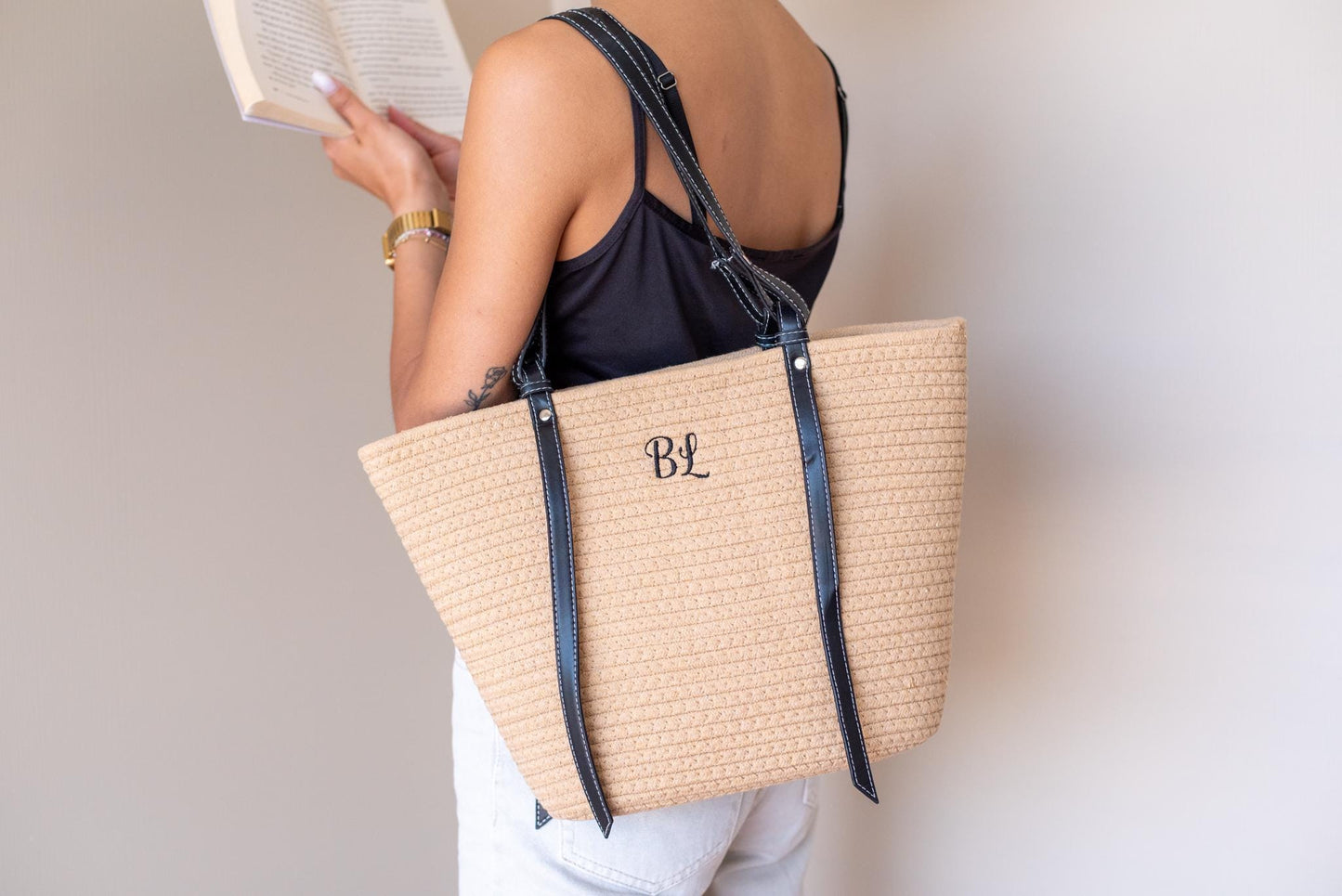 Personalized Cotton Tote Bag – Custom Embroidered Initial Beach Tote