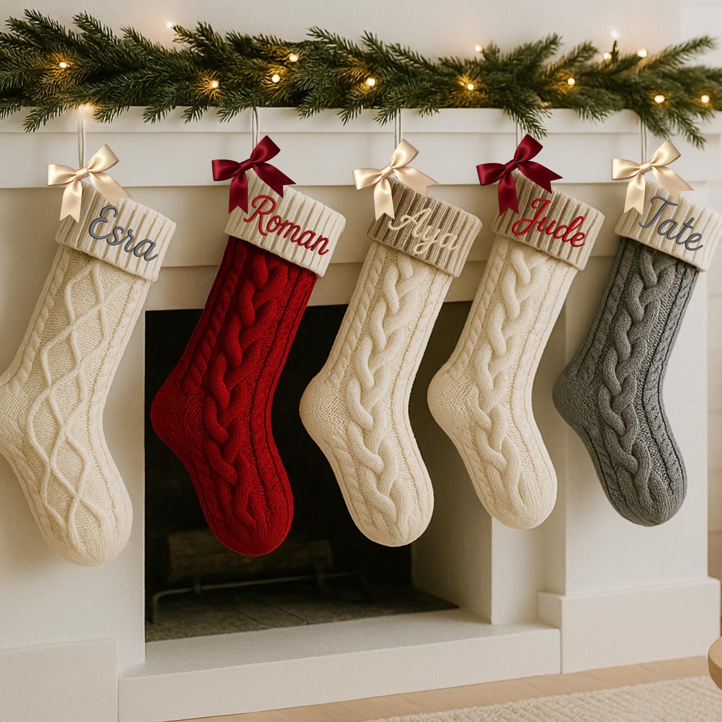 Personalized Knitted Christmas Stocking, Embroidered Cable Knit