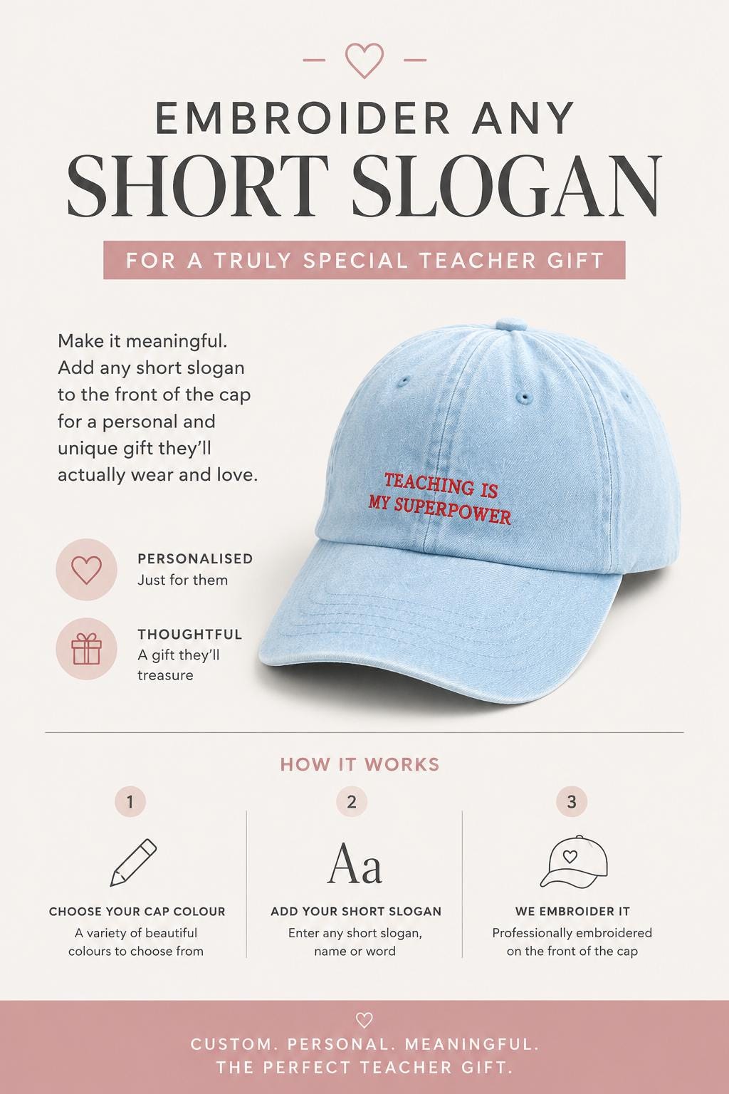 Custom Embroidered Teacher Cap | Washed Cotton Baseball Hat, Europe Made