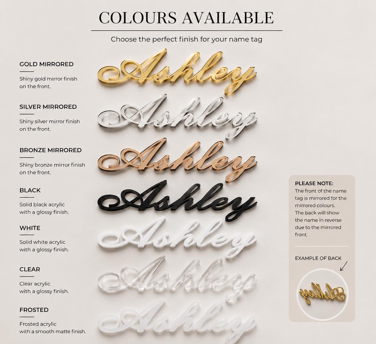 Personalized Acrylic Wedding Name Place Cards, Gold Mirror, Frosted, Black, White Names