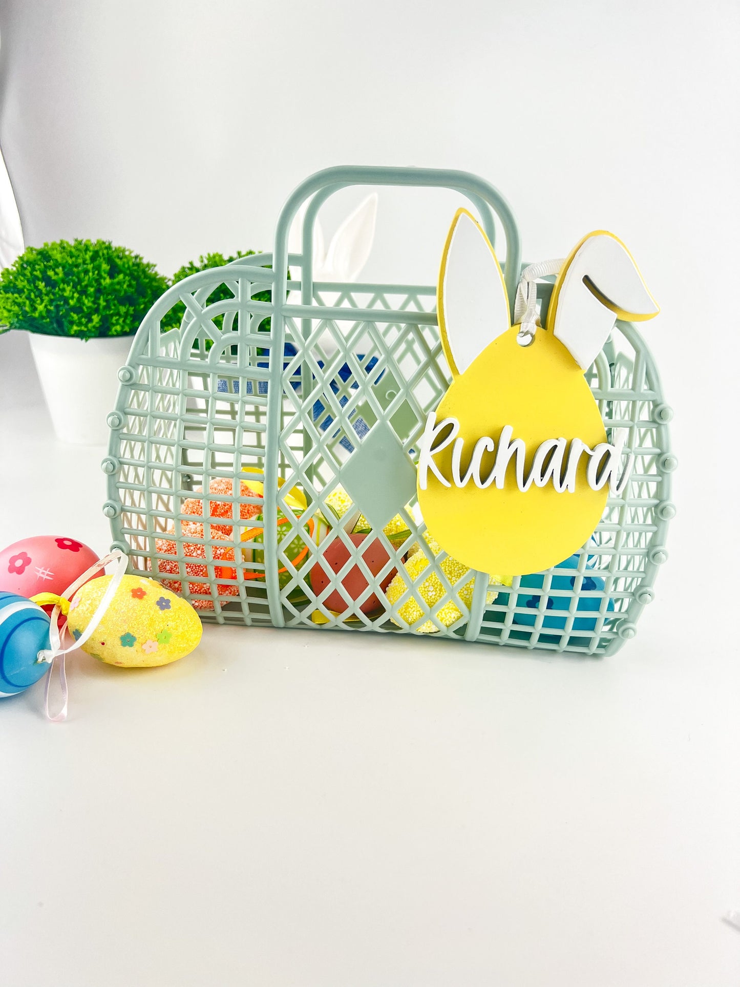 Personalized Easter Basket: Jelly Bag with Wooden Bunny Tag