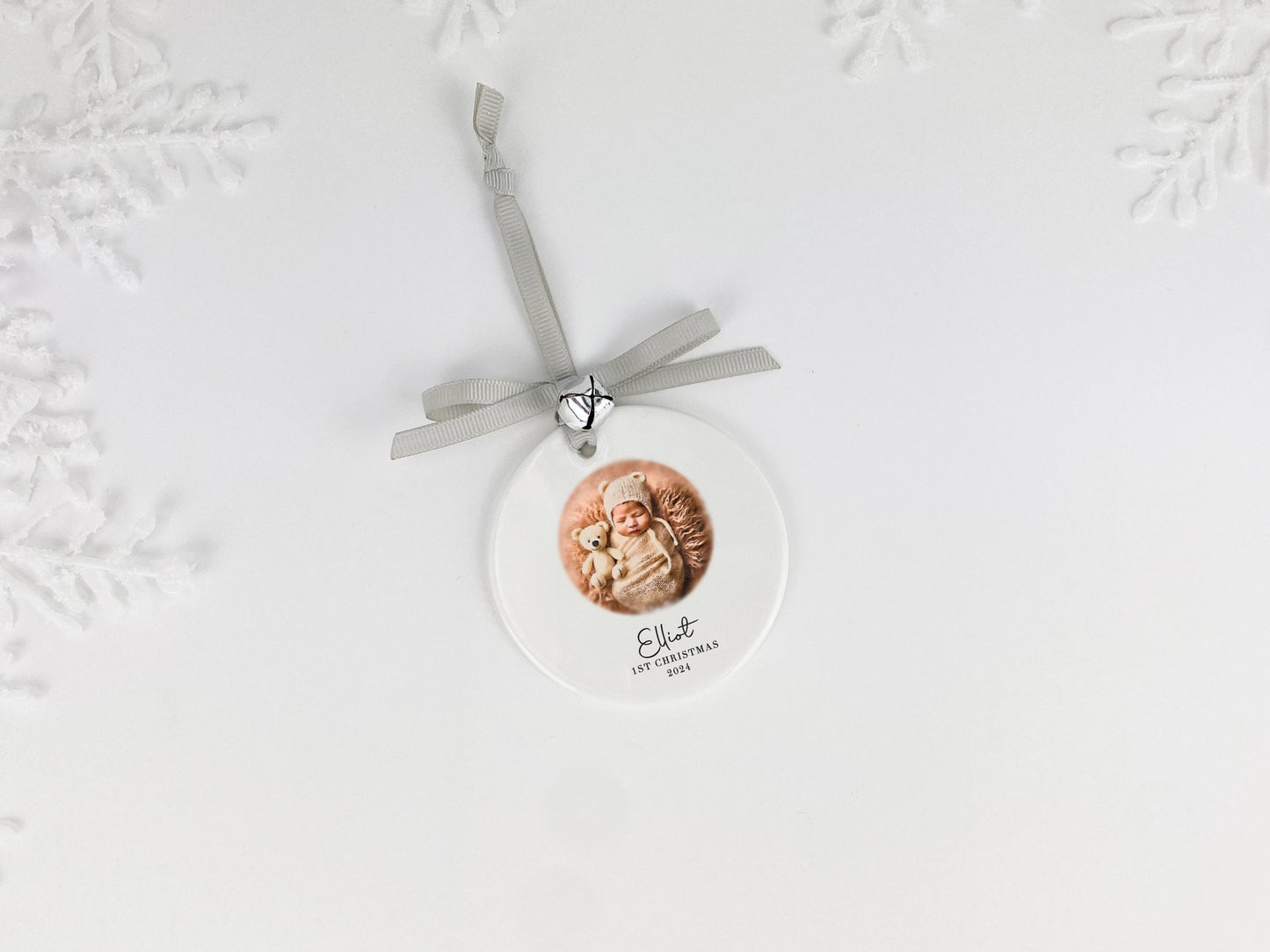 Personalized Baby's First Christmas Ornament: Watercolor Photo Ceramic Bauble