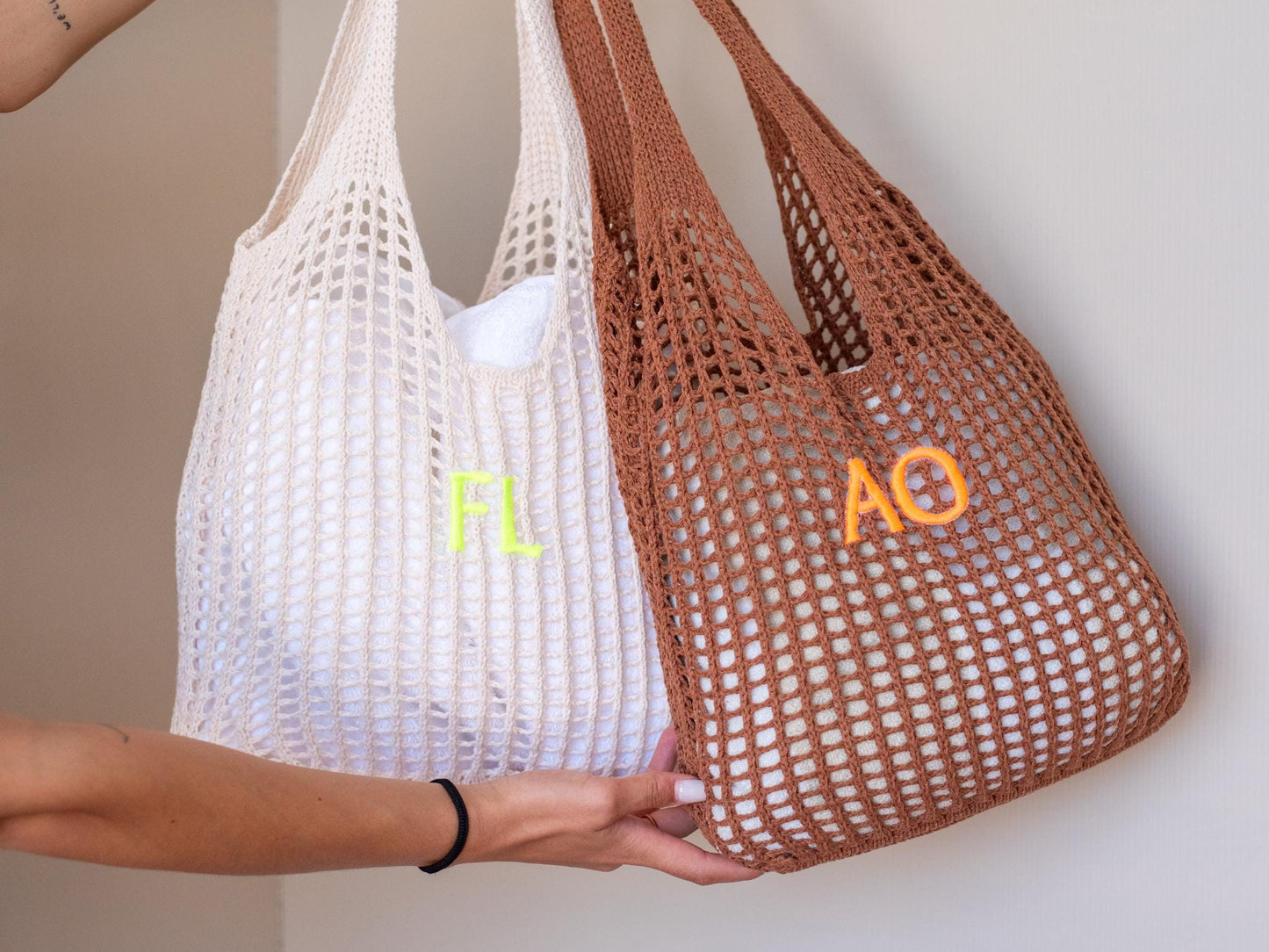 Crochet Market Tote with Initials – Personalized Cotton Mesh Bag
