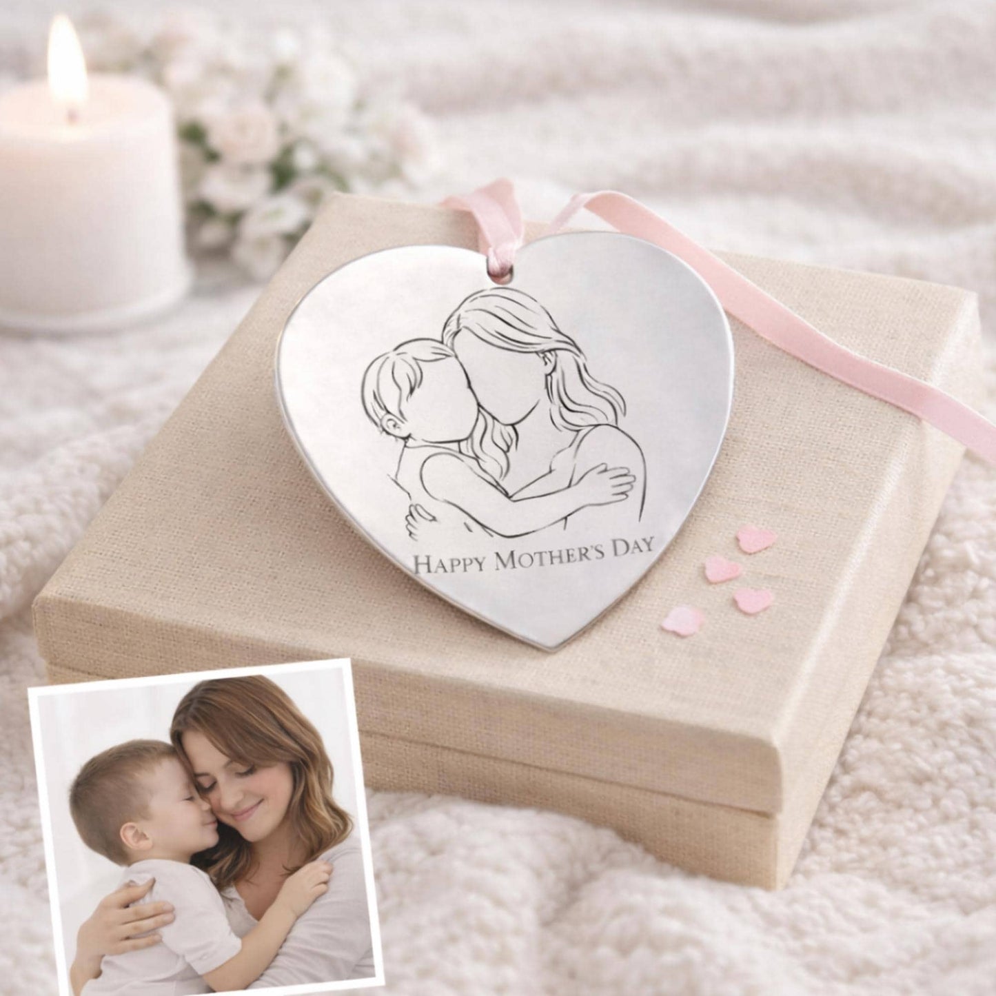 Personalized Photo Engraved Heart Ornament, Mother's Day Gift