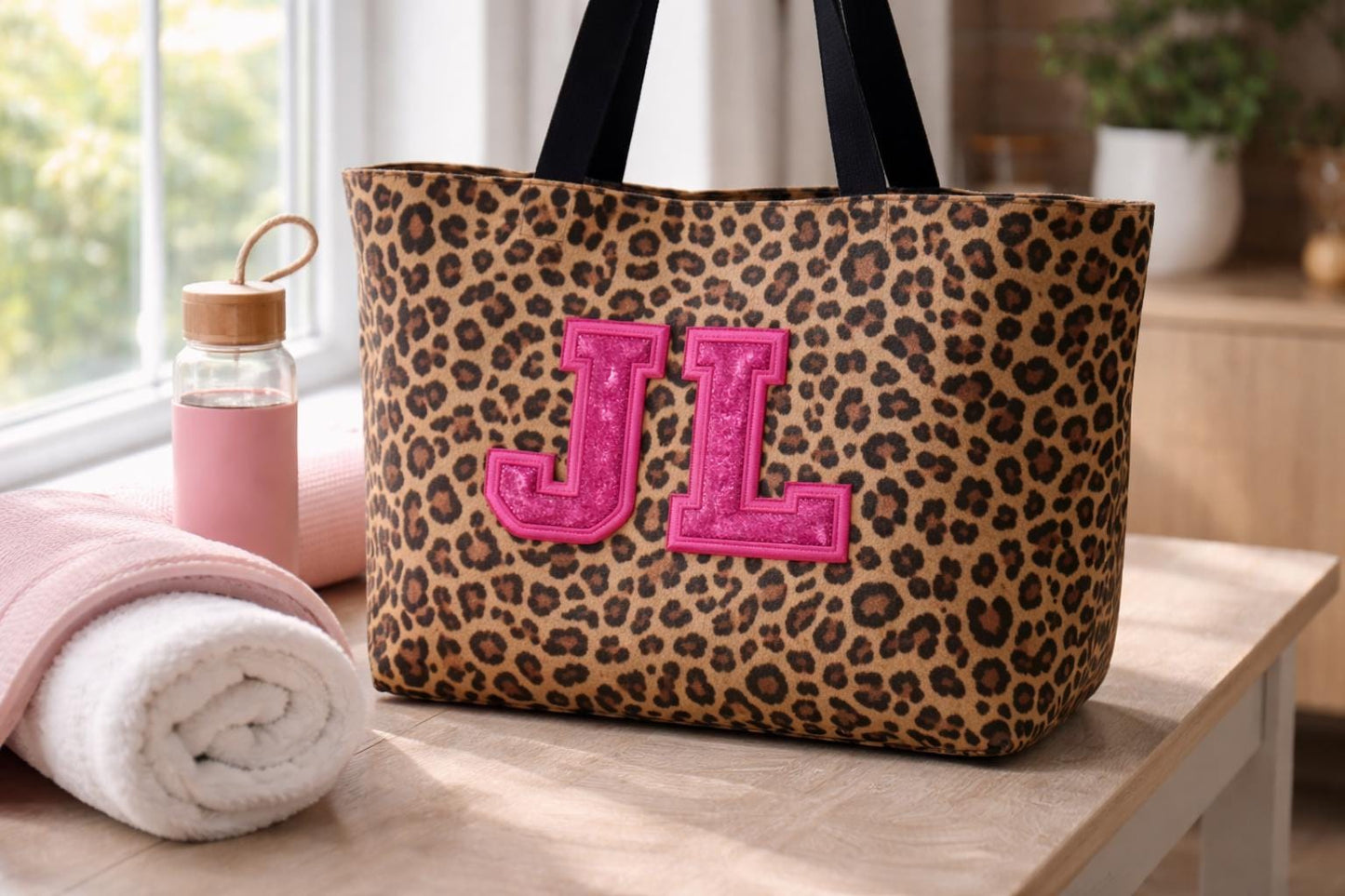 Tote shopper Bag: Personalised, custom, leopard print, glitter Embroidered appliqué initials