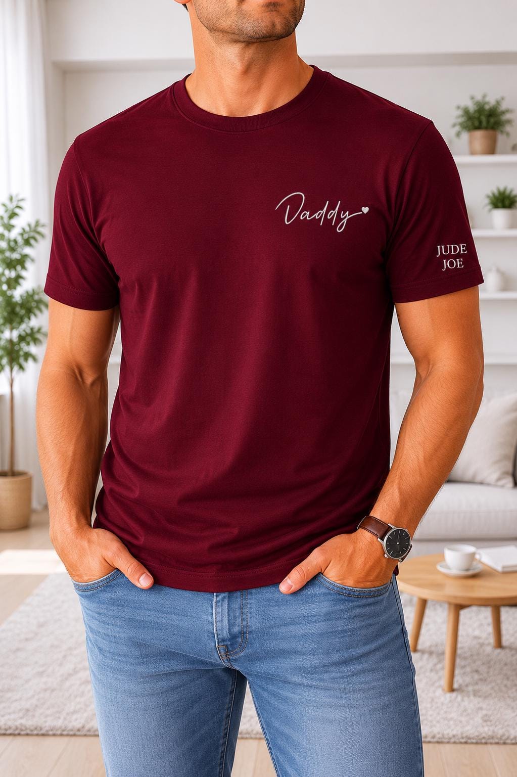 Personalised Dad Short Sleeve T Shirt - Customized child Name - Kids Name - Sleeve Embroidery
