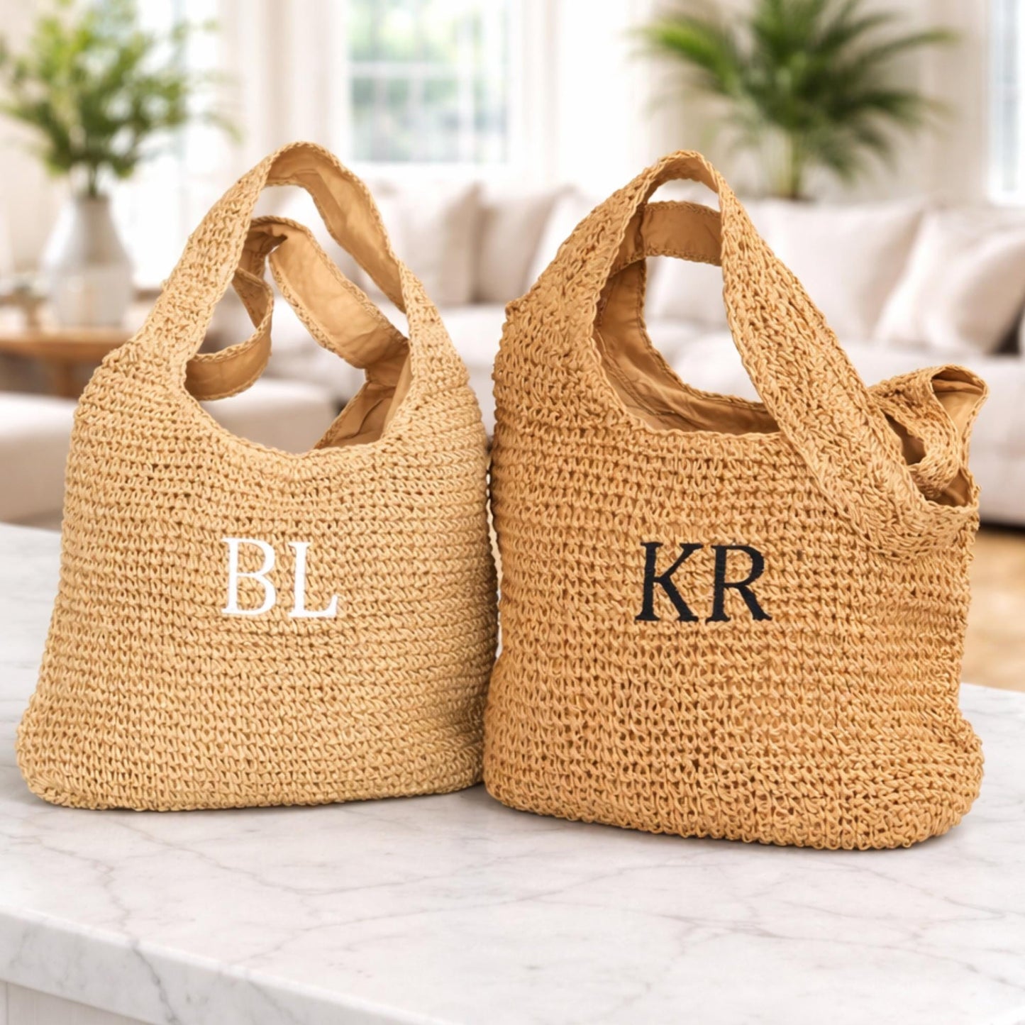 Personalized Embroidered Raffia Beach Shoulder Bag - Custom Straw & Hessian Tote