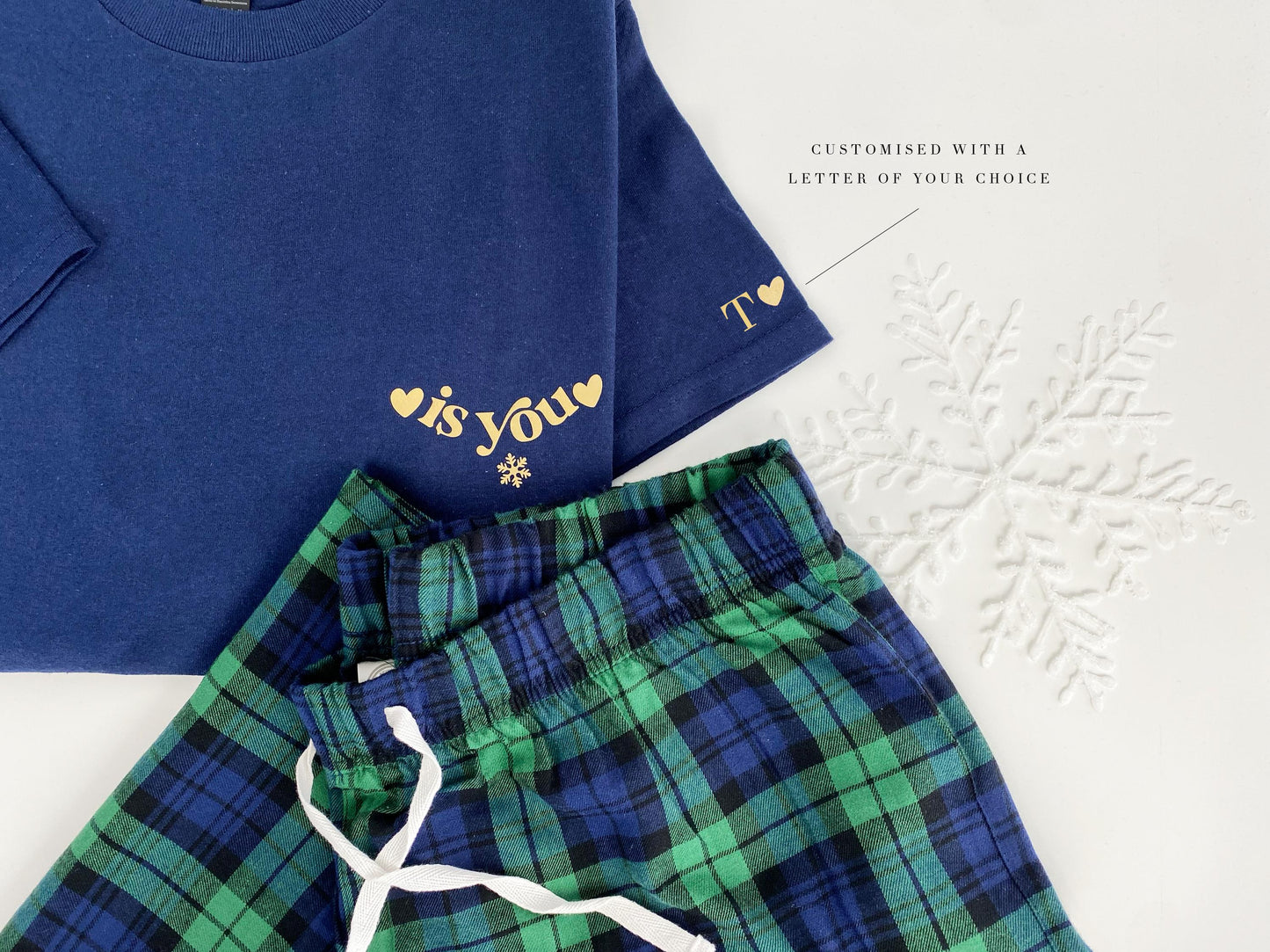 Couples Christmas Pyjamas: Initial Sleeve, Tartan Flannel Bottoms