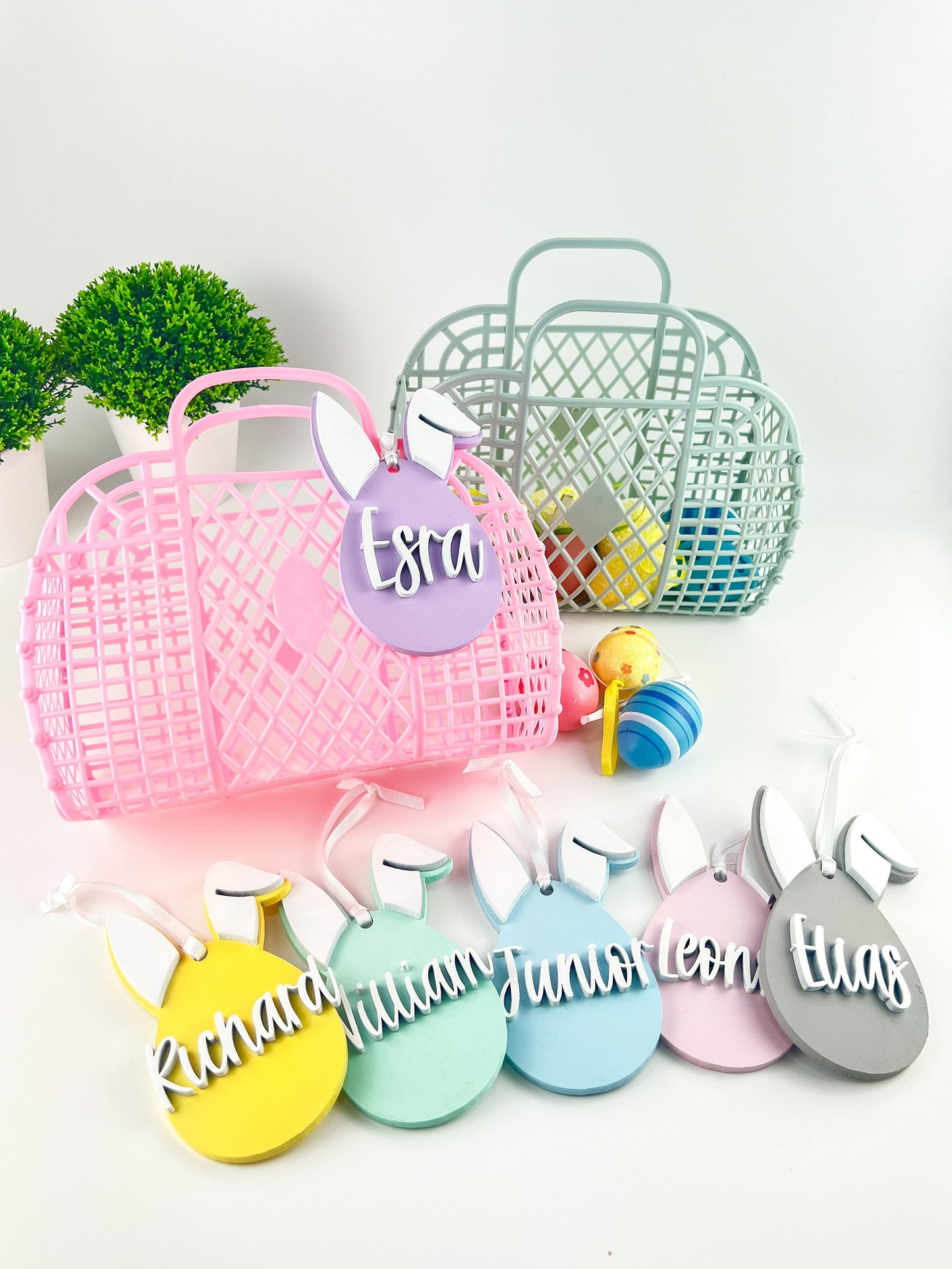 Personalized Easter Basket: Jelly Bag with Wooden Bunny Tag