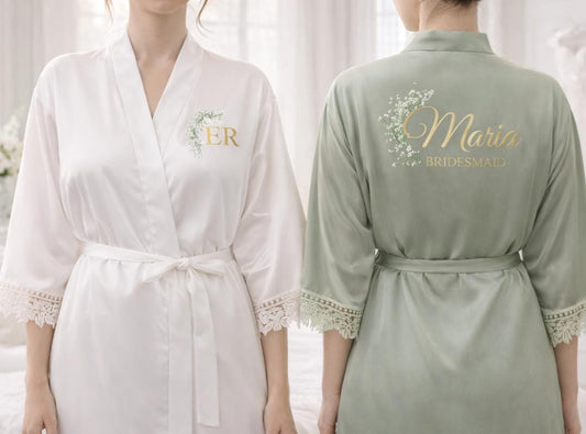 Personalized Satin Lace Bridal Robe, Bridesmaid Kimono, Wedding Party Gift