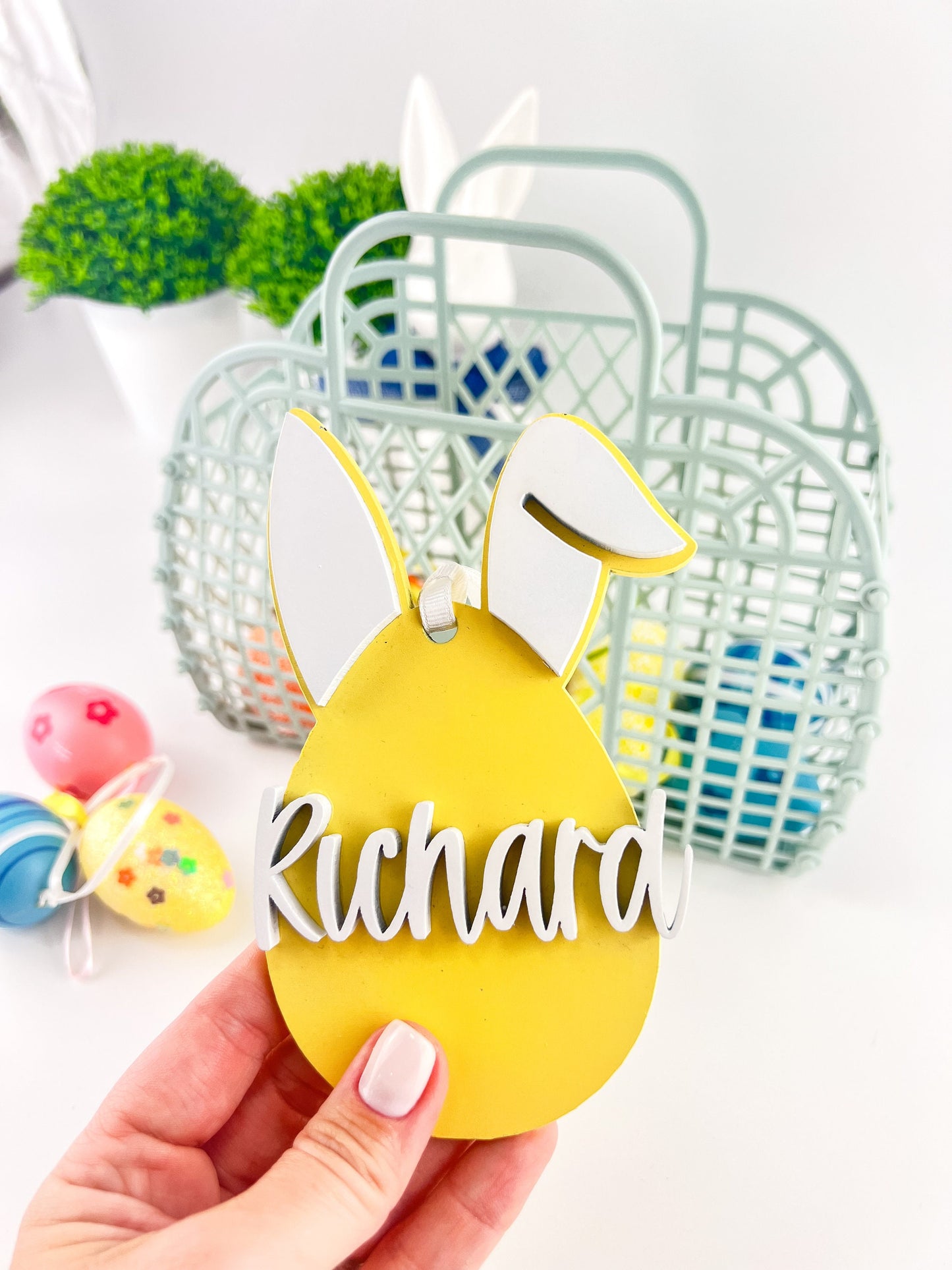 Personalized Easter Basket: Jelly Bag with Wooden Bunny Tag