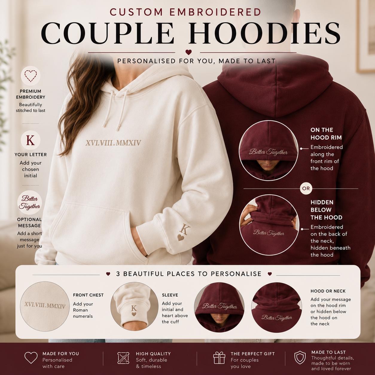 Handmade Embroidered Initial Heart sleeve t shirt,  sweater, Personalized anniversary Sweatshirt, Embroidered Couples matching