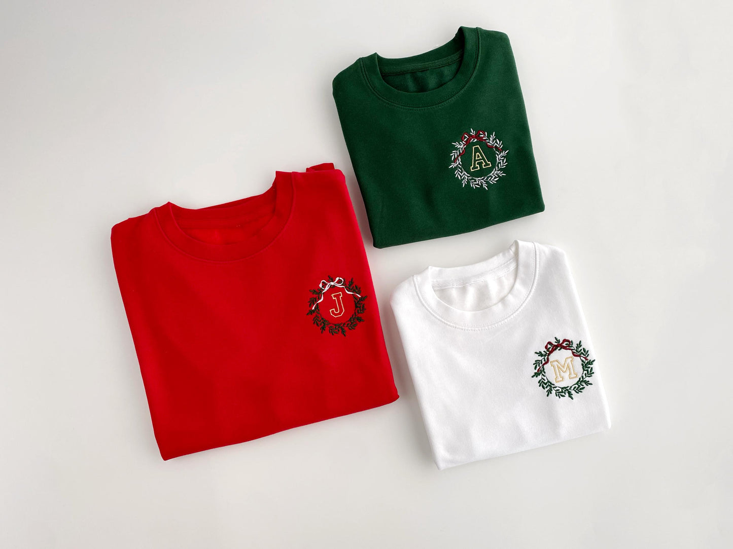 Personalized Kids Christmas Sweatshirt: Embroidered Initial Wreath