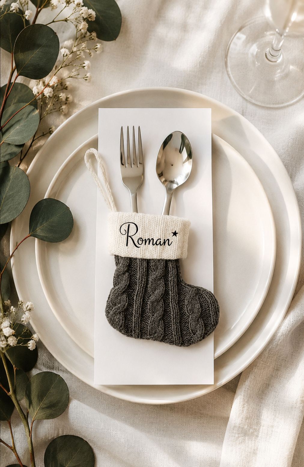 Marque-place de Noël personnalisé argenté et gris : Décoration de table pour les fêtes