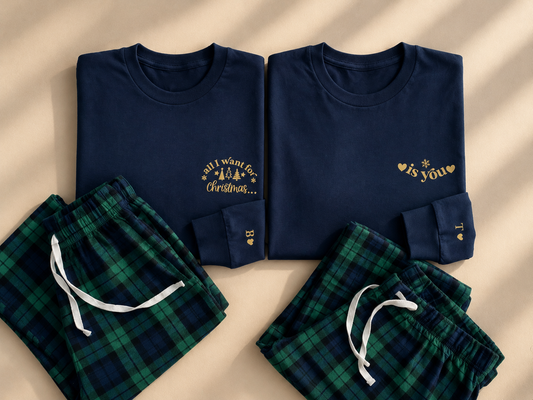 Matching Couples Christmas Pyjamas | Personalised His & Hers Navy Tartan Pyjama Set