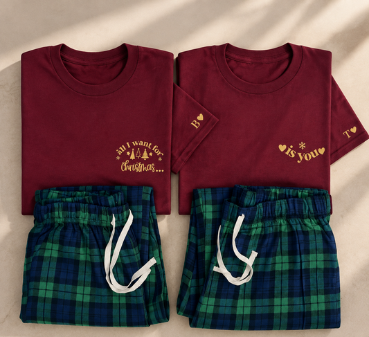 Personalised Couples Christmas Pyjamas | Matching Mr & Mrs Christmas PJ Set | First Christmas Together Gift | Burgundy & Green Tartan